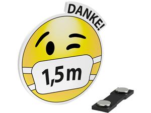 Magnet-Ansteckschilder Abstand Typ E eco Smiley mit Mundschutz, 1,5 Meter Danke, Packung 10 Stück