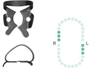 Kofferdam-Klammer, Black Line - Molaren insgesamt Figur 11, OK rechts / UK links kleine Molaren, breitflächiges Klammermaul